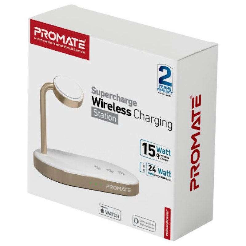 Promate Wavepower Base De Charge Sans Fil 3 En 1 Charge Rapide 15W Or