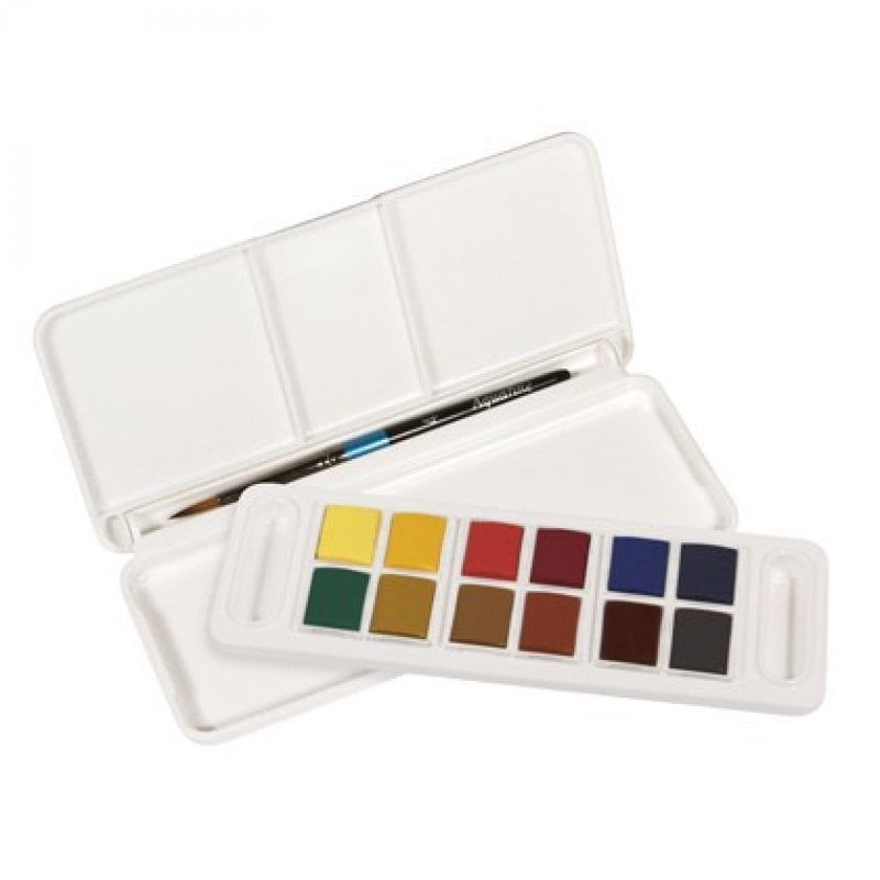 Daler Rowney Aquafine Coffret aquarelle de voyage avec pinceaux, boîte de 12 couleurs assorties
