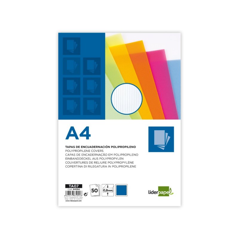 Couverture De Reliure Liderpapel Polypropylène Ondulé A4 0,8 Mm Bleu Paquet De 50 Unités