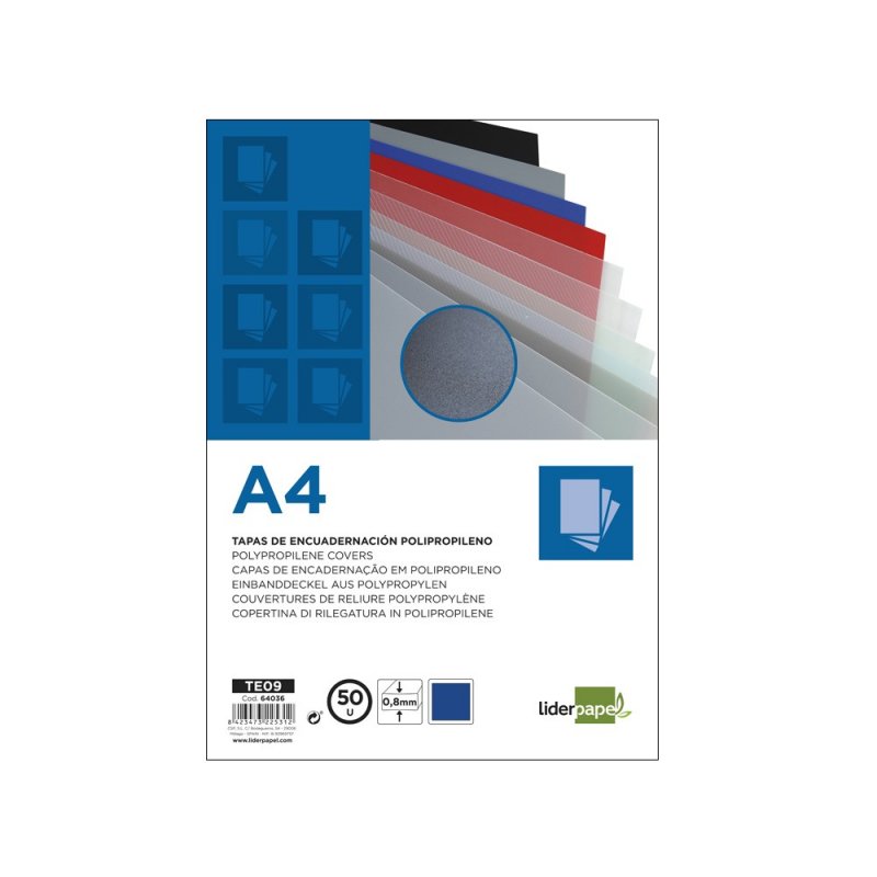 Liderpapel Couverture De Reliure En Polypropylène A4 0,8mm Bleu Opaque Paquet De 50unités