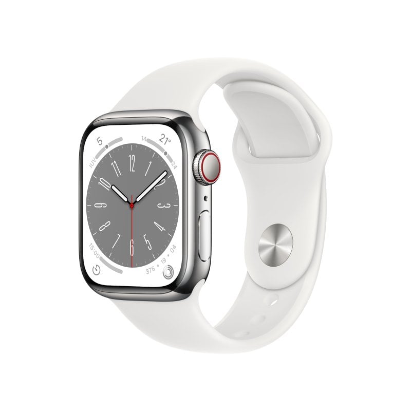 Image of Apple Watch Series 8 GPS + Cellular 41mm Cassa in Acciaio Inossidabile color Argento con Cinturino Sport Band Bianco - Regular