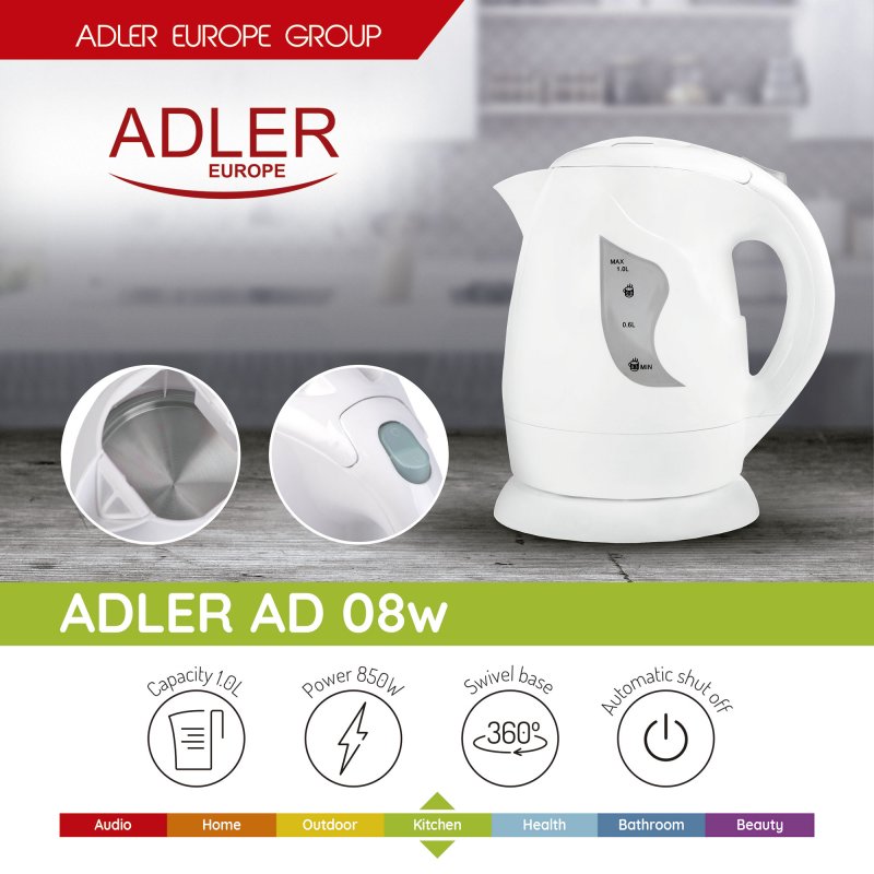 Adler AD 08W Elektrowasserkocher – 1 Liter, 850 Watt, Weiß, Mit Filter & Automatischer Abschaltung