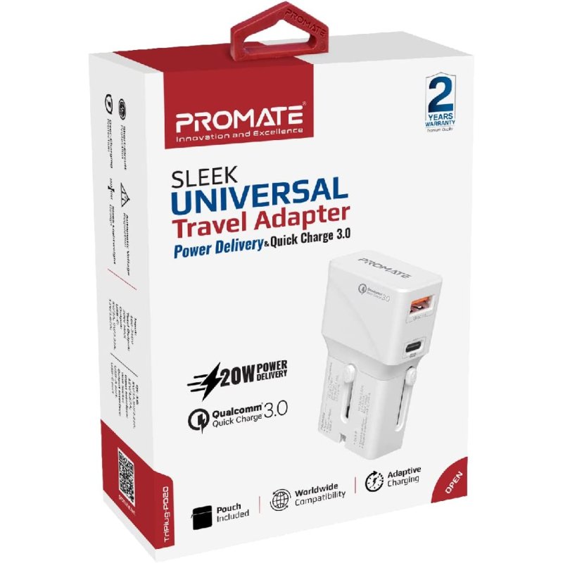 Triplug Promate TriPlug-PD20 Adaptador Universal de Viagem Carga Rápida USB-C ...