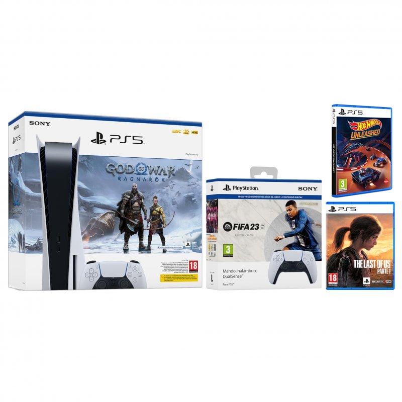 Sony PS5 + DualSense FIFA 23 + God of War Ragnarök + The Last of Us Parte 1  + Hot Wheels Unleashed