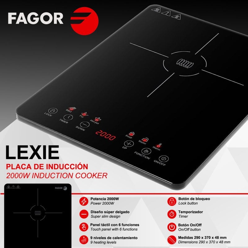 FAGOR - LEXIE 2000W placa de inducción portátil de potencia y diseño ultra delgado visualización táctil de 6 funciones 9 niveles de calefacción