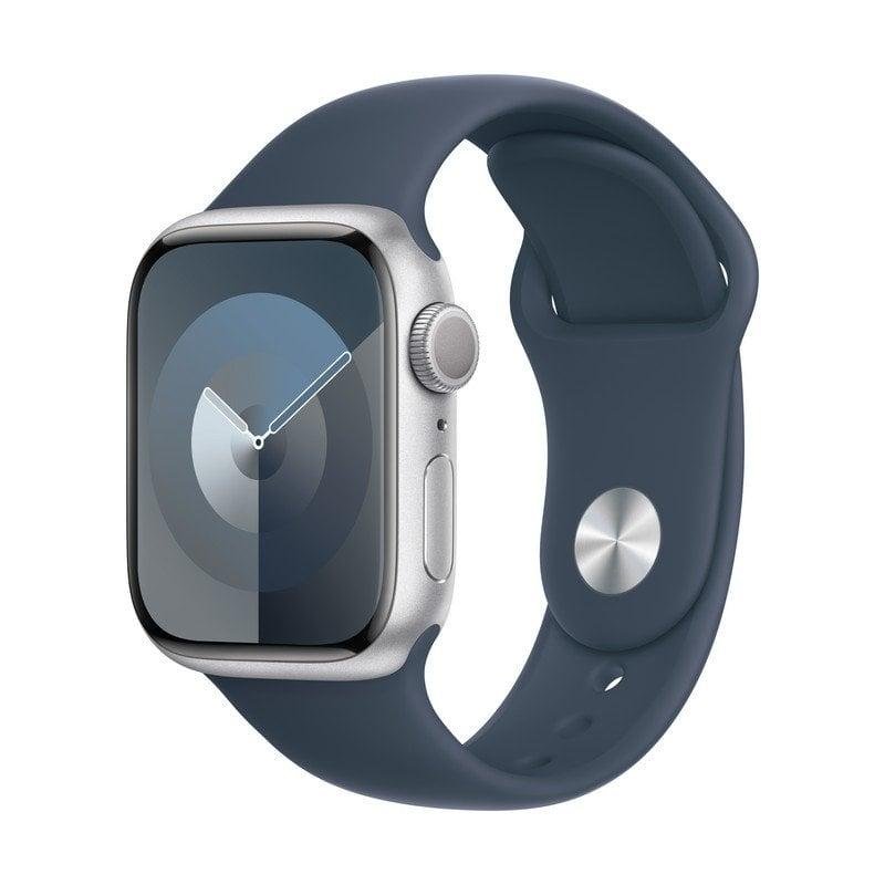 Apple Watch Series 9 GPS 41mm Retina OLED Alumínio Prata Pulseira Azul M/L SpO2 Pulso Sono SOS