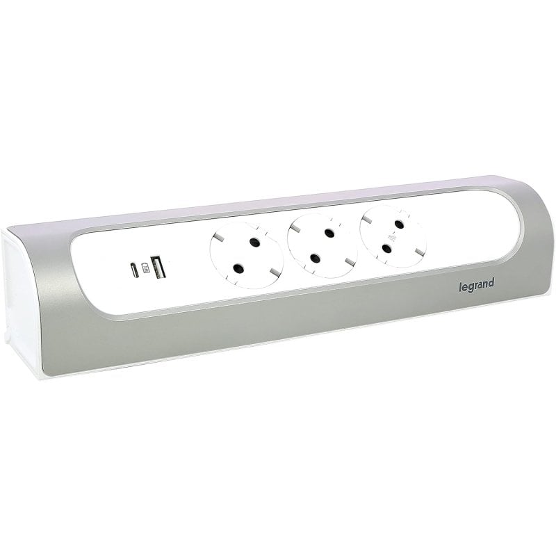 Legrand Power Strip 3x Schuko/USBA/USBC 1m Branco/Alumínio