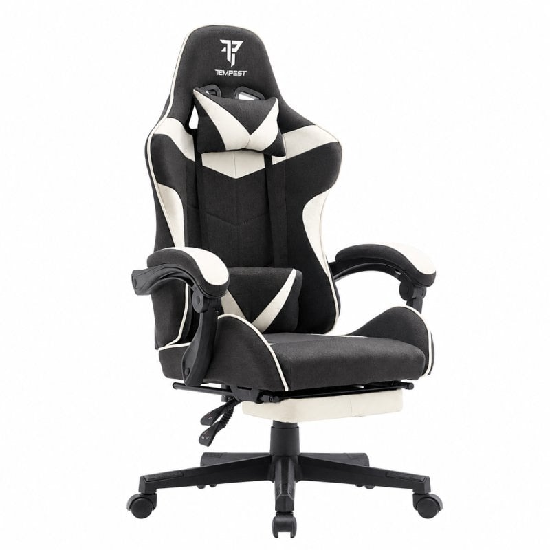 Chaise de jeu Tempest Shake avec repose-pieds et massage, tissu respirant noir/blanc