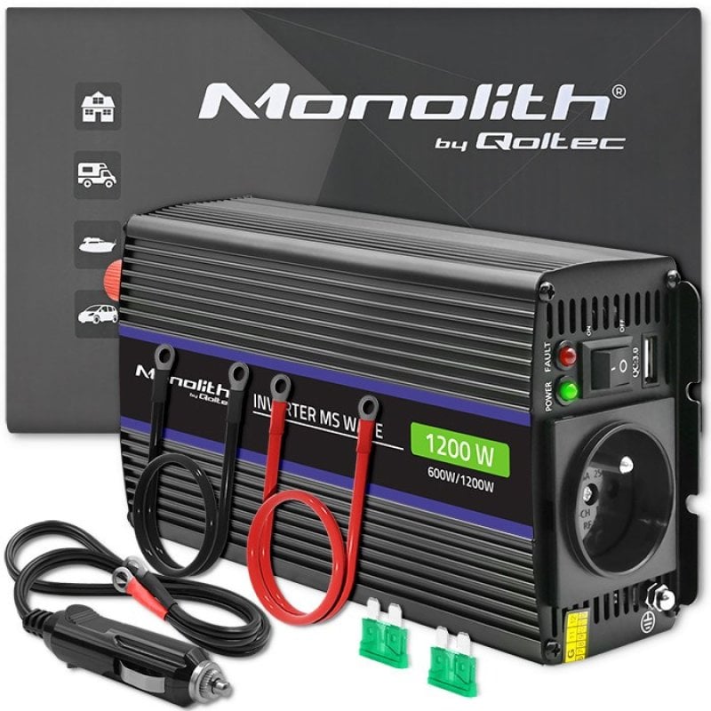 Image of Caricabatterie inverter Qoltec Monolith 1200 Ms da 12 V a 230 V 600/1200 W USB