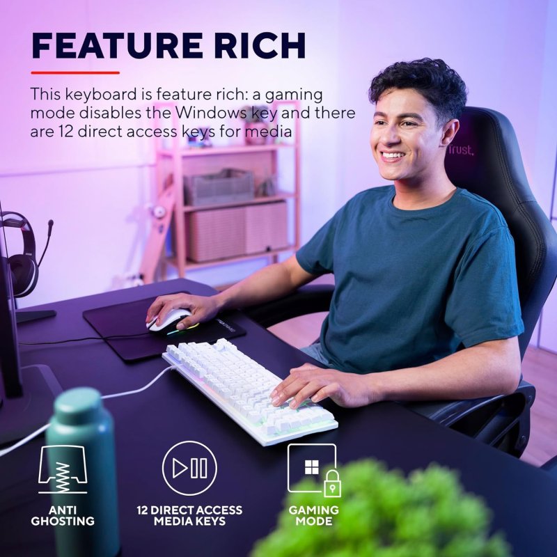 Trust Gaming GXT 833W Thado gaming-toetsenbord, TKL QWERTY Spaans, Tenkeyless (20% kleiner), 69% gerecycled kunststof, membraan, anti-ghosting, RGB-gamer-toetsenbord, USB, pc/computer, wit