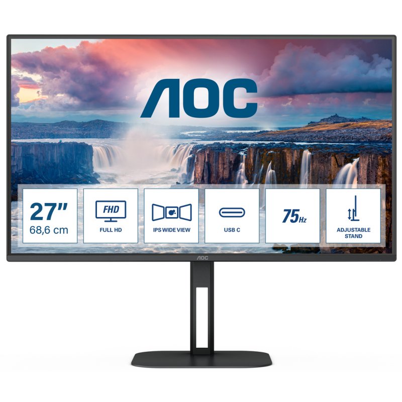 En savoir plus sur l'étiquette de performance énergétique ou l'information sur le produitDalle IPS FHD de 27 pour augmenter la productivité avec confort USB-C et PD65WL'AOC 27V5C est un châssis sans cadre à trois côtés cachant un panneau IPS de 27 avec une résolution FHD pour une expérience visuelle confortable et exceptionnelle. Bénéficiez d'options de connectivité complètes avec USB-C avec alimentation jusqu'à 65 W 4 ports USB prise en charge HDMI et DisplayPort. La connexion est simple et sécurisée grâce à Windows Hello.Spécifications Écran Taille de l'écran 68 6 cm (27 ) Résolution de l'écran 1920 x 1080 pixels Type HD Full HD Format d'image 16 9 Technologie d'affichage LED Type de panneau IPS Type de rétro W-LED Écran tactile Non Luminosité de l'écran (typique) 300 cd m² Temps de réponse 1 ms Écran antireflet Oui Forme d'écran Plat Taux de contraste 1000 1 Rapport de contraste (dynamique) 20000000 1 Taux de d'actualisation maximal 75 Hz Angle de vision horizontal 178° Angle de vision ve...