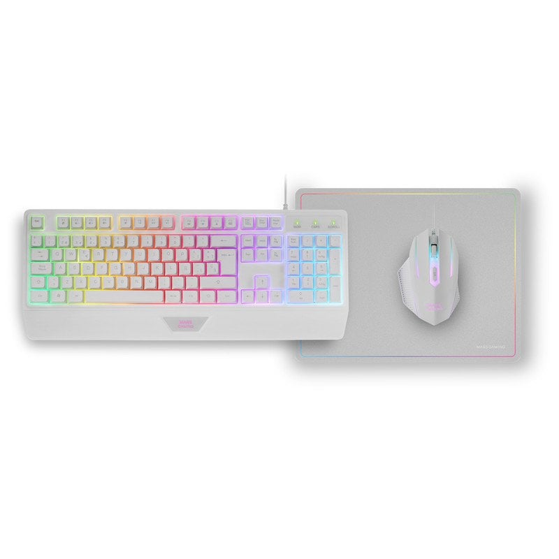 Mars Gaming Mcp124, Combo 3en1, clavier LED RVB, souris RVB 3200 dpi, tapis de souris, espagnol, blanc Mars Gaming Mcp124, Combo 3en1, clavier LED RVB, souris RVB 3200 dpi, tapis de souris, espagnol, blanc