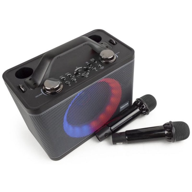 Karaoke Portátil PRIXTON PartyGO Con 2 Micrófonos Inalámbricos, Altavoz Bluetooth, Luces LED RGB, Batería 4 Horas, Conexiones USB/AUX/SD
