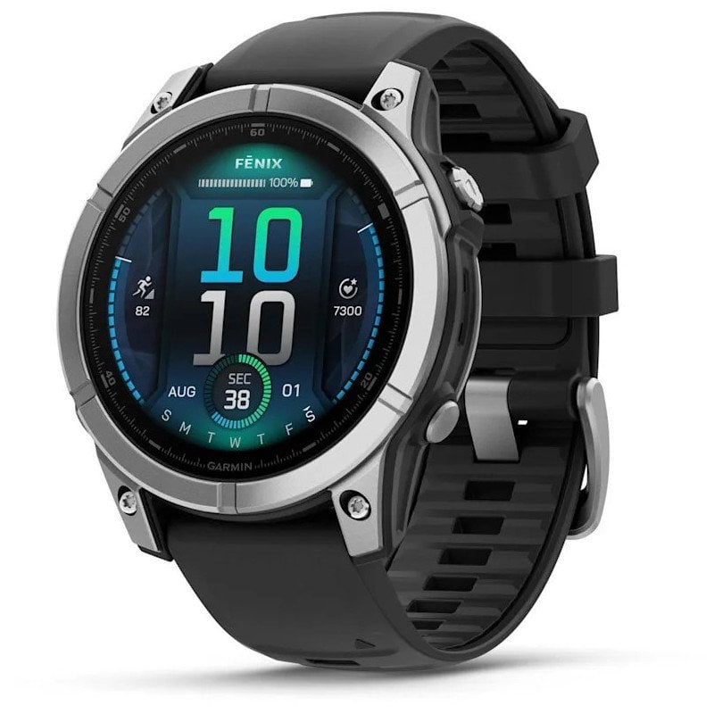 Relógio smartwatch Garmin Fenix E 47 mm em aço inoxidável com pulseira de silicone preta