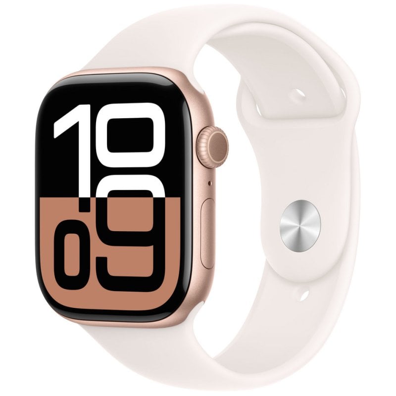 Image of Apple Watch Series 10 GPS + Cellular Cassa in alluminio oro rosa da 46 mm con cinturino sportivo cipria - M/L