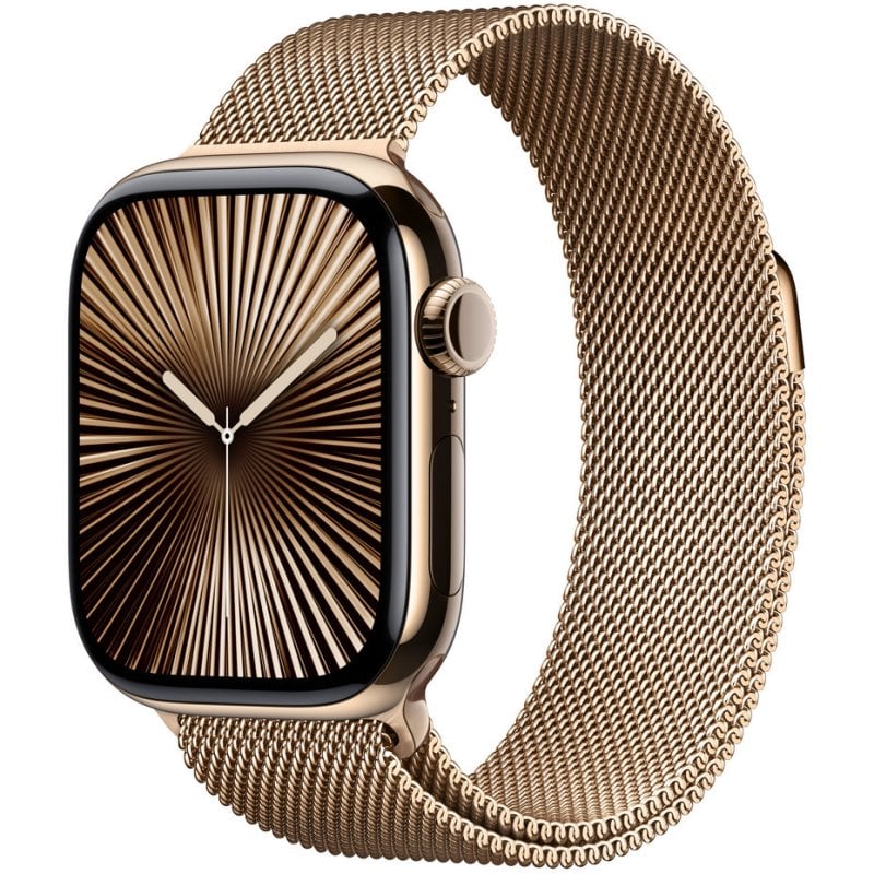 Image of Apple Watch Series 10 GPS + Cellular Cassa in titanio color oro da 42 mm con loop in maglia milanese color oro