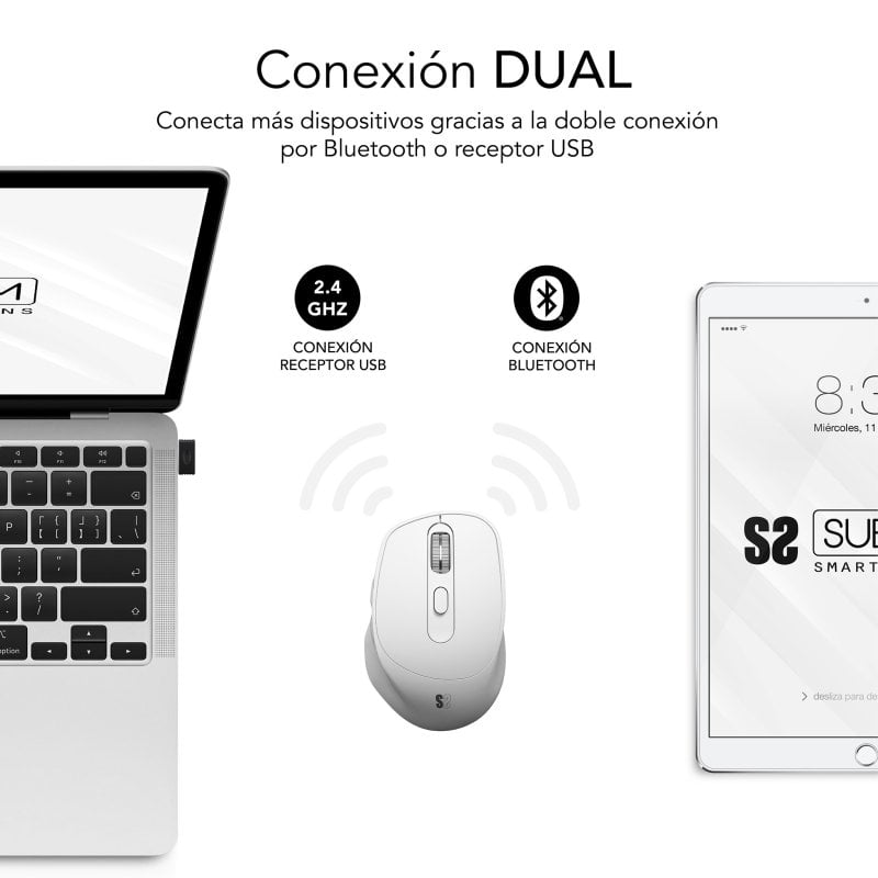 Subblim Comfort Ergo Dual, kabellose ergonomische Maus für Rechtshänder, 2400 DPI, weiß