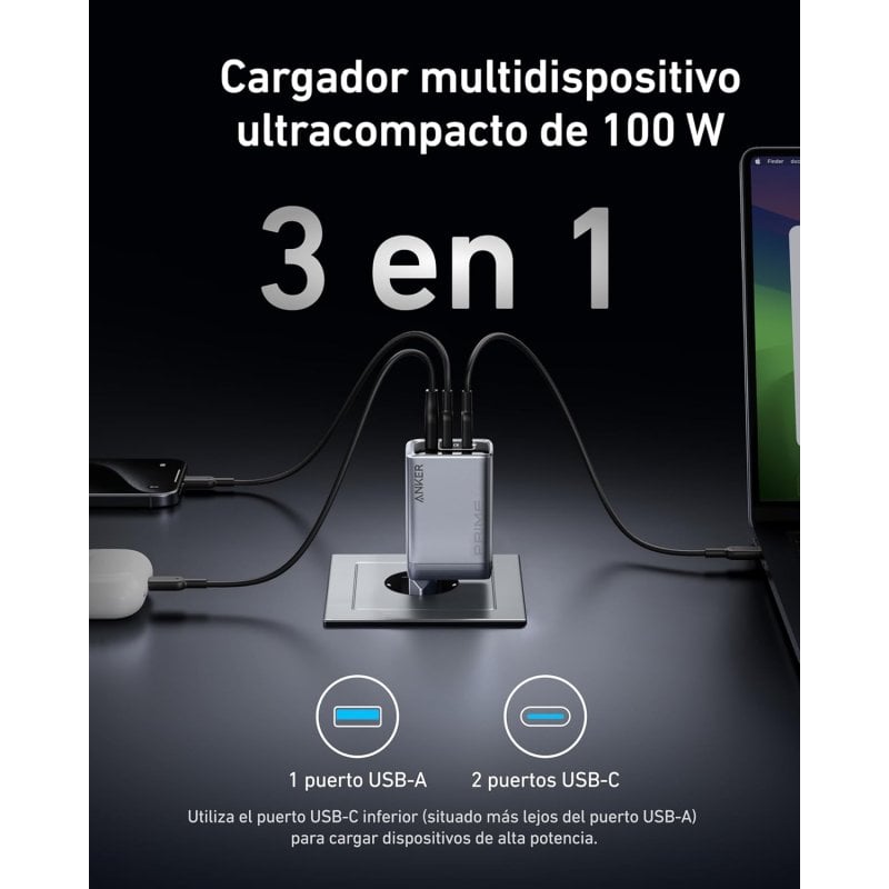 Caricatore Anker Prime GaN 100W - 3 Porte USB Piegevole