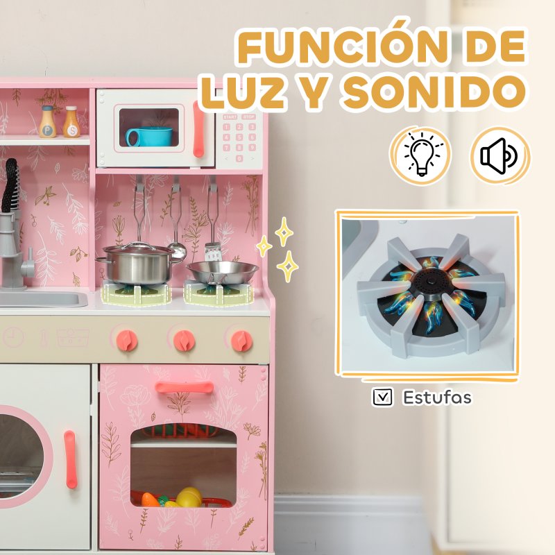 Cocina De Juguete Con Luces Y Sonido – AIYAPLAY Incluye 104 Accesorios, Fregadero Funcional Y Efecto Vapor, Para Niños De 3 A 6 Años (Rosa)