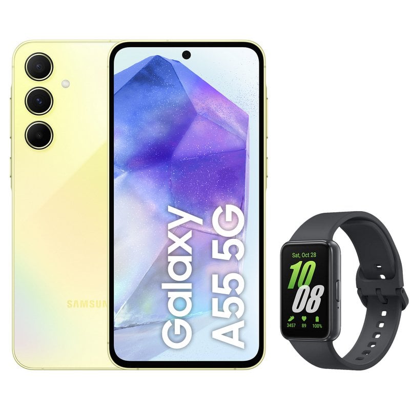 Samsung Pack Galaxy A55 5G 8/256GB Amarillo Libre + Galaxy Fit3 Gris Smart Band Batería 13 Días Samsung Pack Galaxy A55 5G 8/256GB Amarillo Libre + Galaxy Fit3 Gris Smart Band Batería 13 Días