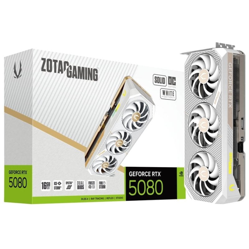 ZOTAC GAMING GeForce RTX 5080 SOLID OC 16GB GDDR7 Reflex 2 RTX AI DLSS4 Branca ZOTAC GAMING GeForce RTX 5080 SOLID OC 16GB GDDR7 Reflex 2 RTX AI DLSS4 Branca
