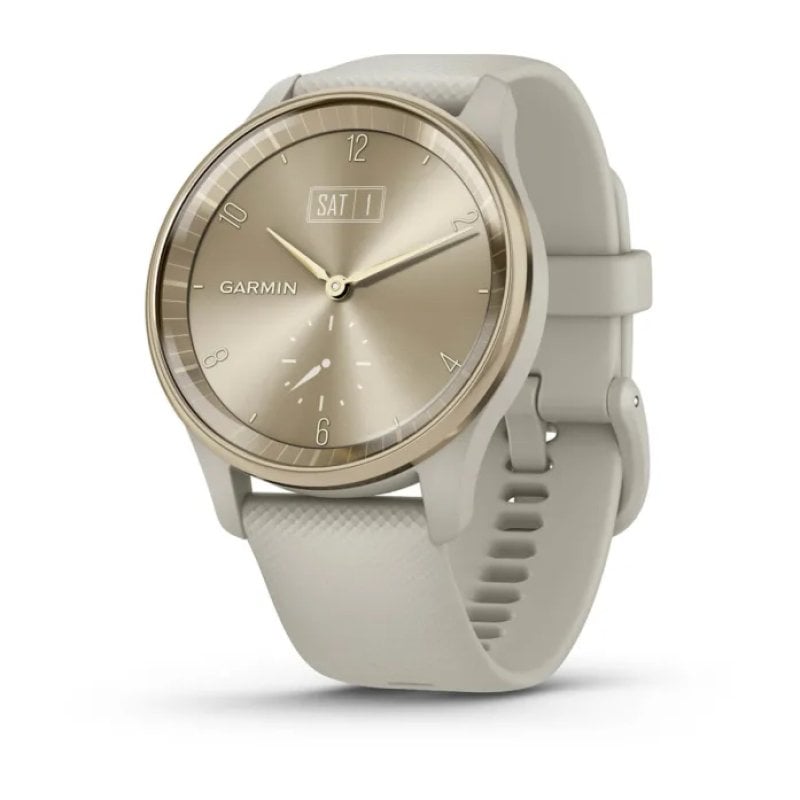 Image of Smartwatch ibrido Garmin vívomove Trend con lunetta in acciaio inossidabile color oro crema e cinturino in silicone marrone cod079