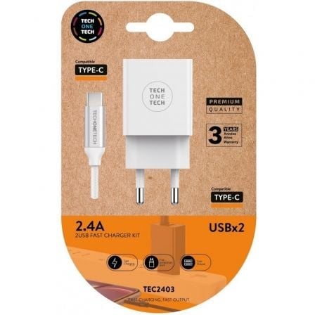 Image of Caricabatterie da muro Tech One Tech TEC2403 2xUSB 2.4A + cavo USB-C bianco cod079