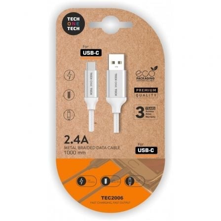 Image of Cavo USB 2.0 Tech One Tech TEC2006 da USB-A a USB-C, 1 m, in nylon, bianco cod079
