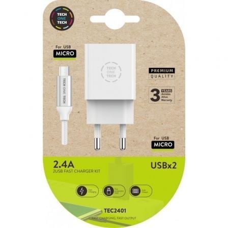 Image of Tech One Tech TEC2401 Caricabatterie doppio 2xUSB 2.4A Bianco + Cavo Micro USB 1m cod079