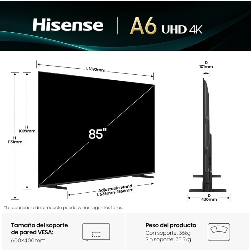 TV LED Hisense 4K UHD 85A6Q 215 cm 2025