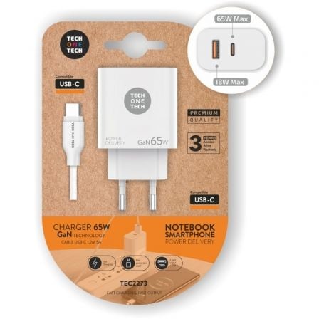 Image of Caricabatterie GaN Tech One Tech PD TEC2273 da 65 W con ricarica rapida USB-C/USB-A e cavo da 1,2 m cod079