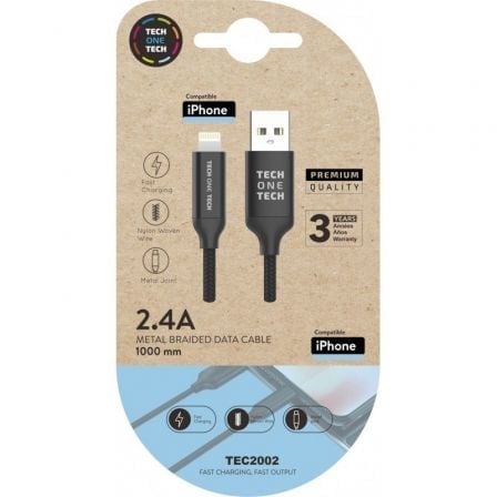 Image of Cavo USB 2.0 TECH ONE TECH TEC2002 2.4A Lightning 1m Nero Rinforzato Apple cod079