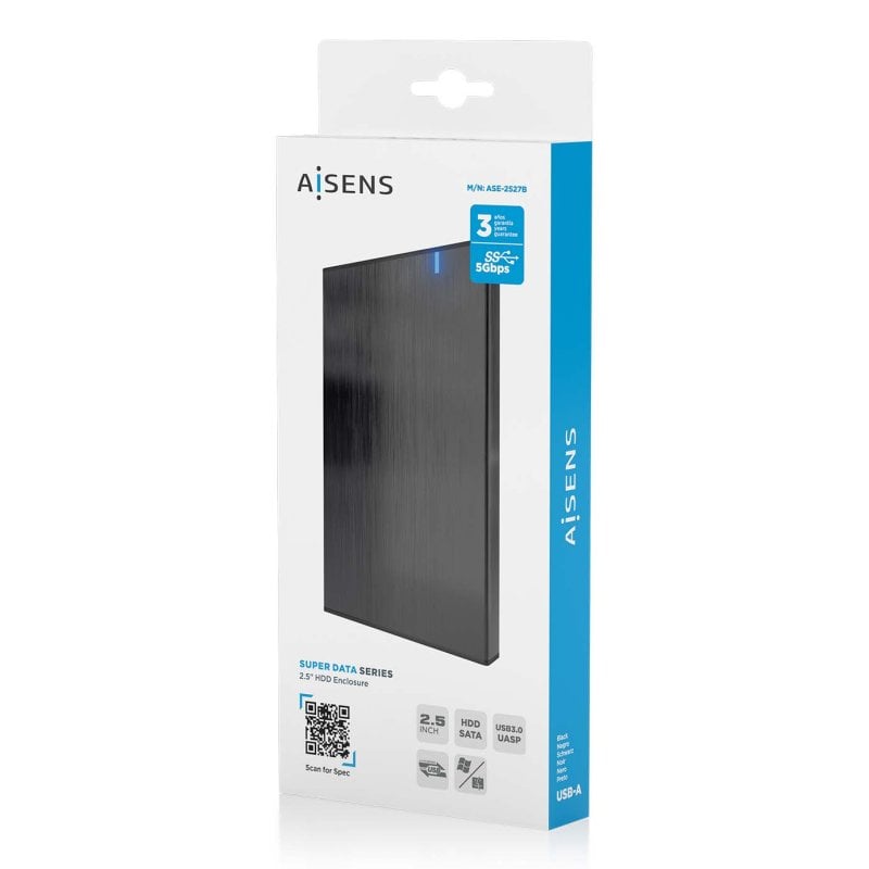 AISENS - ASE-2530B - externe behuizing 2,5 inch harde schijven 9,5 mm SATA I, II en III naar USB 3.0/USB 3.1 GEN1, aluminium, LED-display, zwart