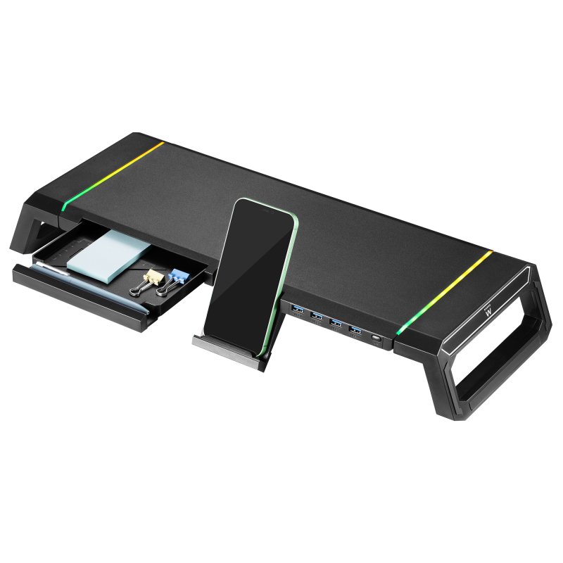Image of Supporto per monitor Ewent EW1268 nero con 4 porte USB 3.0 RGB e cassetto organizer regolabile in larghezza cod079