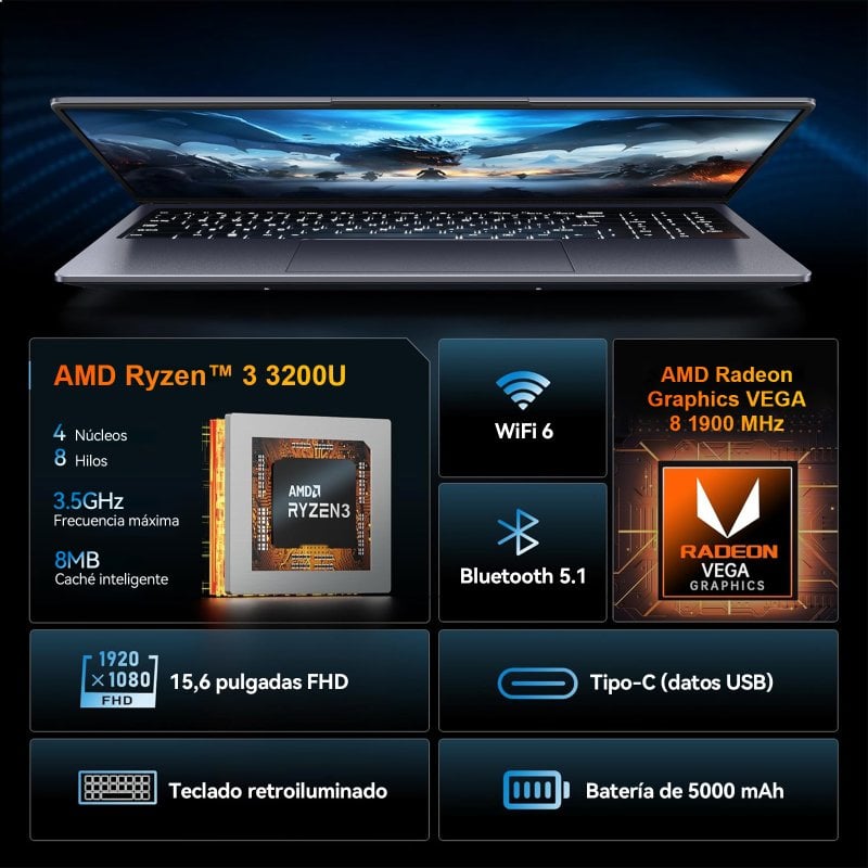 Vanwin AMD Ryzen 3200U 16GB 512GB SSD Táctil 360º Windows