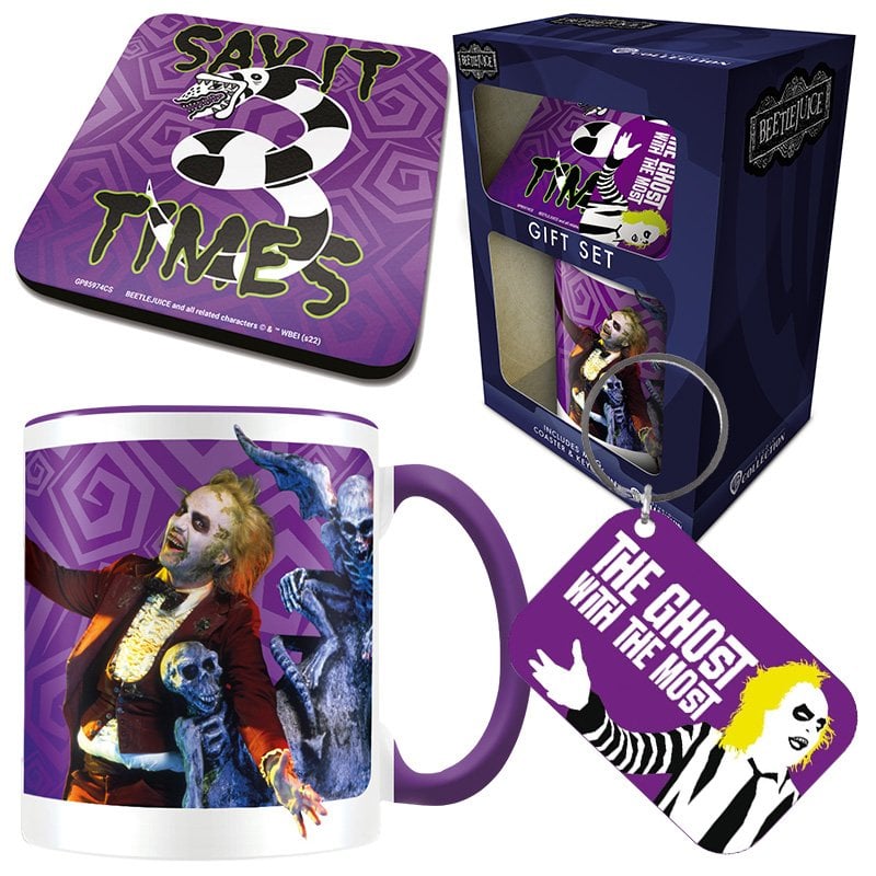 Image of Set da collezione Pyramid Beetlejuice da 315 ml, tazza, portachiavi in gomma e sottobicchiere in sughero cod079