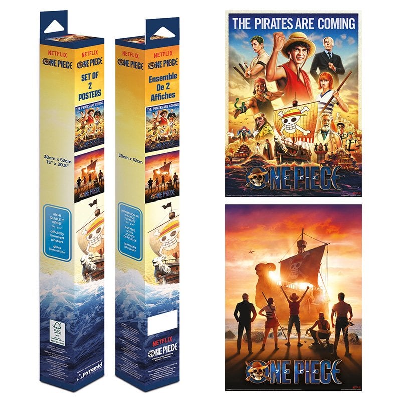 Image of Poster Piramide One Piece, confezione da 2 fogli, 38x52 cm, laminato lucido, edizione esclusiva cod079