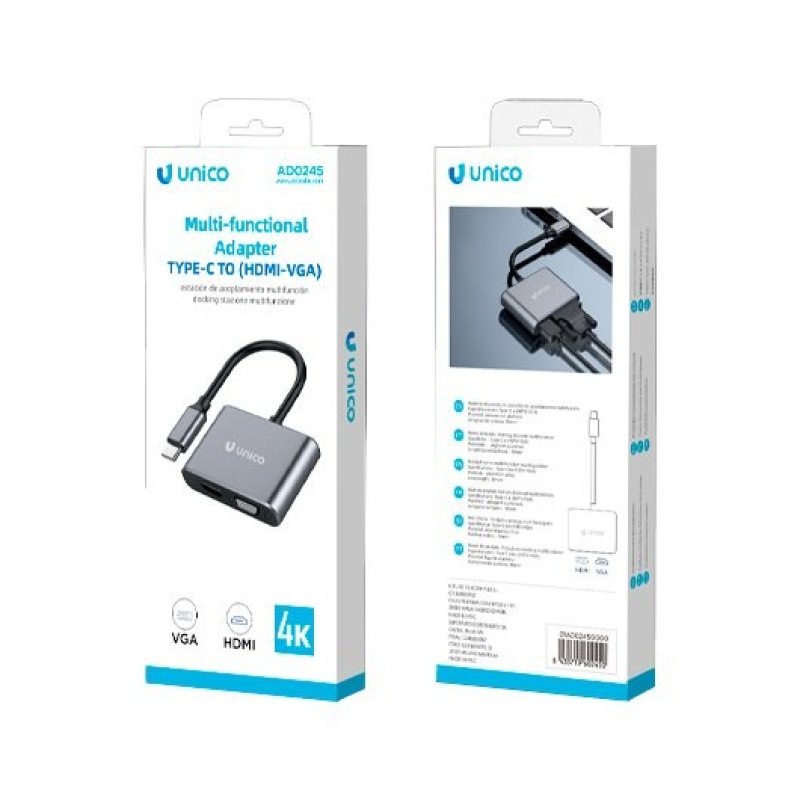 Adaptador USB C para HDMI UNICO AD0245, VGA, Alumínio, HDMI 4K 30 Hz, 6,19 cm, Cinzento