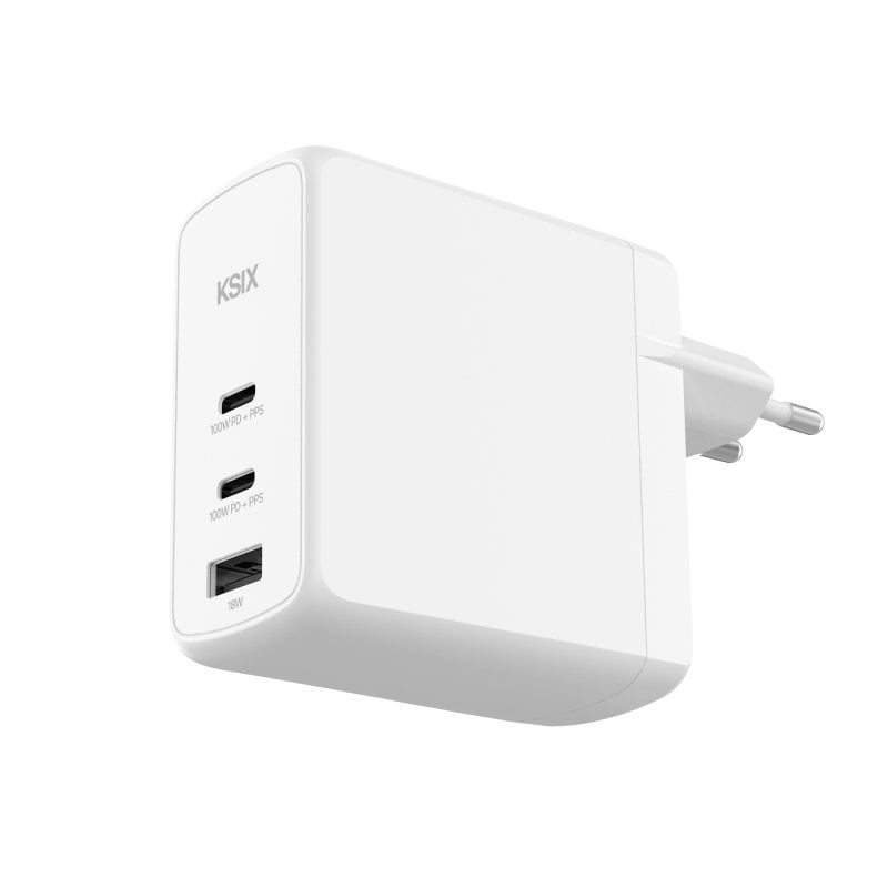 Image of Caricabatterie da muro Ksix da 100 W, GAN, PPS, Power Delivery, materiali sostenibili, 2 x USB-C + 1 x USB-A, bianco cod079