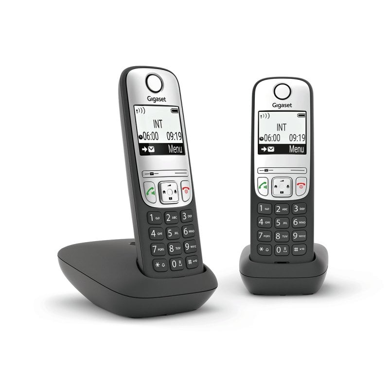 Image of Telefono cordless analogico Gigaset con doppio ricevitore, nero/argento, vivavoce, segreteria telefonica, 20 min ECO cod079