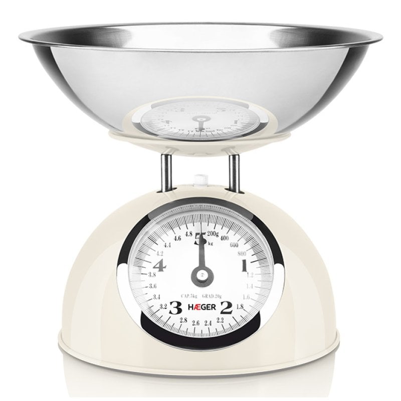 Image of Bilancia da cucina meccanica Haeger, 5 kg, ciotola rimovibile, acciaio e crema cod079