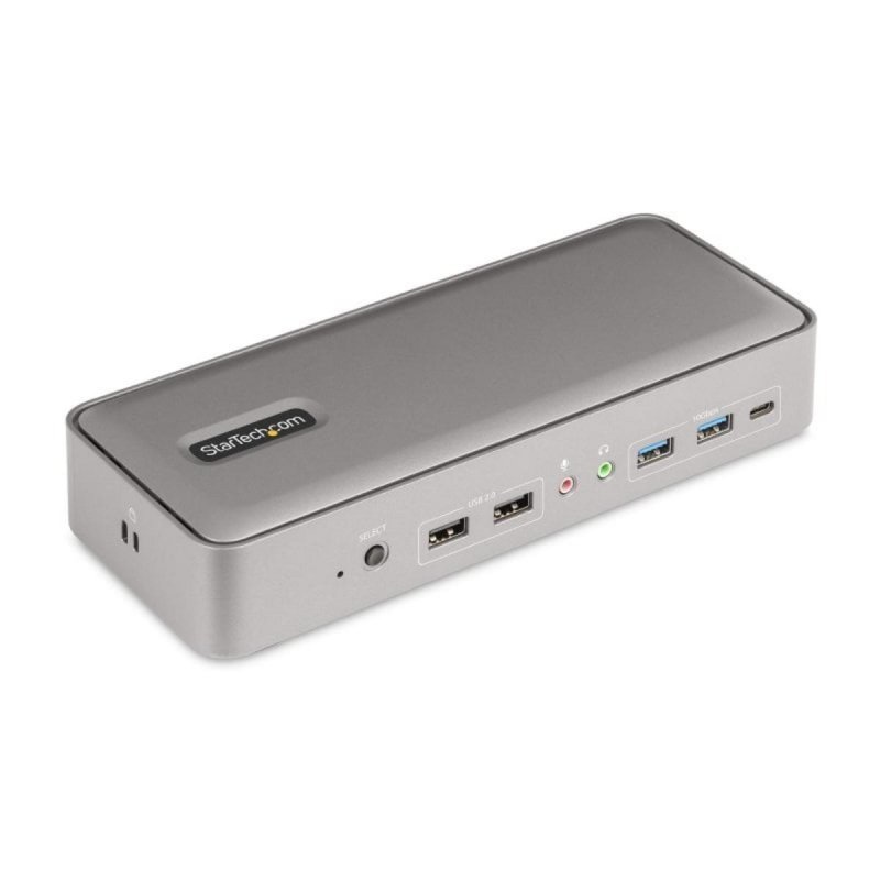 Partagez votre station de travail double 4K 60Hz entre deux ordinateurs portables grâce à la Station d'accueil KVM USB-C StarTech.com idéale pour améliorer votre productivité et votre connectivité.CaractéristiquesConnectivité sans effort. Changez instantanément entre deux ordinateurs portables via une connexion USB-C avec un simple bouton. Grâce au logiciel de raccourcis Hot-Key disponible pour Windows et macOS vous pouvez passer d'un ordinateur à l'autre facilement et rapidement.Compatibilité DisplayLink. La station d'accueil est certifiée DisplayLink garantissant une compatibilité avec Windows ChromeOS et macOS et supporte des résolutions allant jusqu'à 4K 60Hz sur deux écrans externes.Alimentation de deux ordinateurs portables simultanément. Ne vous inquiétez plus de la batterie avec la fonction Power Delivery fournissant 90 W à l'ordinateur principal et 45 W à un second.Options de connectivité étendues. Accédez à plusieurs ports notamment 2 DisplayPort 3 USB-C et 5 USB-A pour connecter vos gadgets et appa...