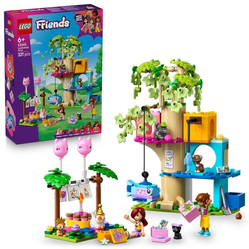 Image of Lego Friends 42666 Set di costruzioni 321 pezzi Casa sull'albero dei felini Mini-doll Gatti Festa di compleanno cod079