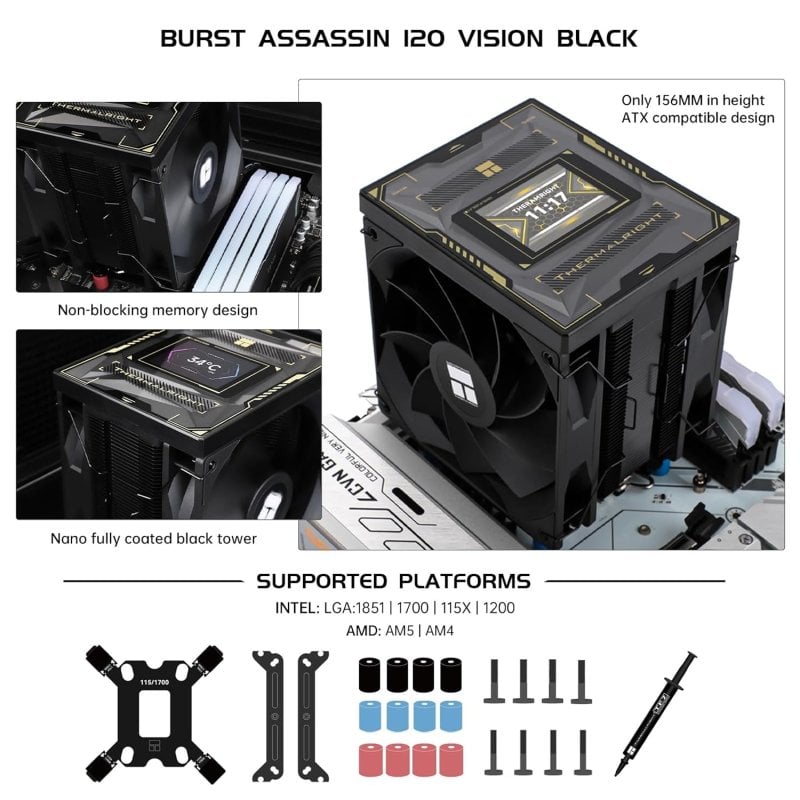 Thermalright Burst Assassin 120 EVO DARK Refroidisseur D'air Pour Processeur, Partie Supérieure Brossée, 6 Caloducs Avec PWM Quiet Fan Pour AM4 AM5/Intel 1851/1700/1150/1151/1200 (BA120 EVO DARK