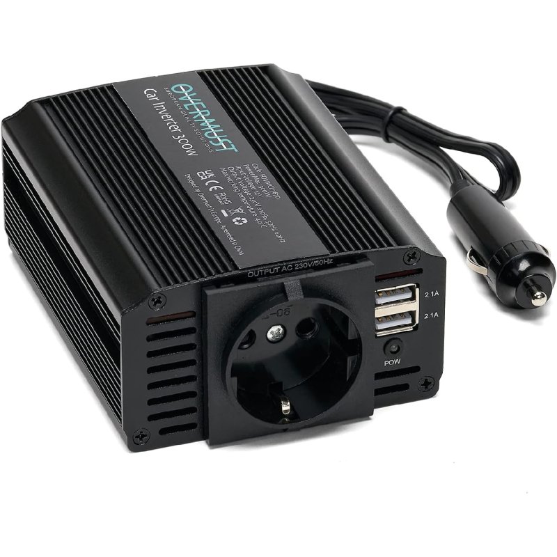 Image of Inverter per auto Overmust 12v, adattatore USB doppio, protezione da sovraccarico, alimenta 3 dispositivi cod079