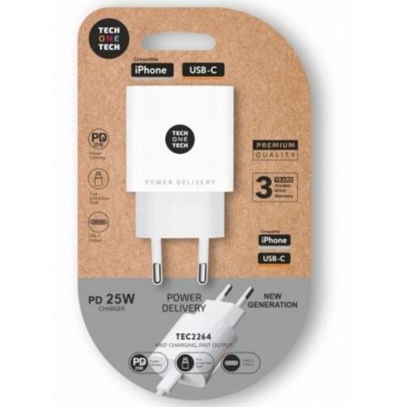 Image of Caricatore da Parete Tech One Tech TEC2264 USB Tipo-C 25W BiancoCaricatore da Parete Tech One Tech TEC2264 USB Tipo-C 25W Bianco cod079