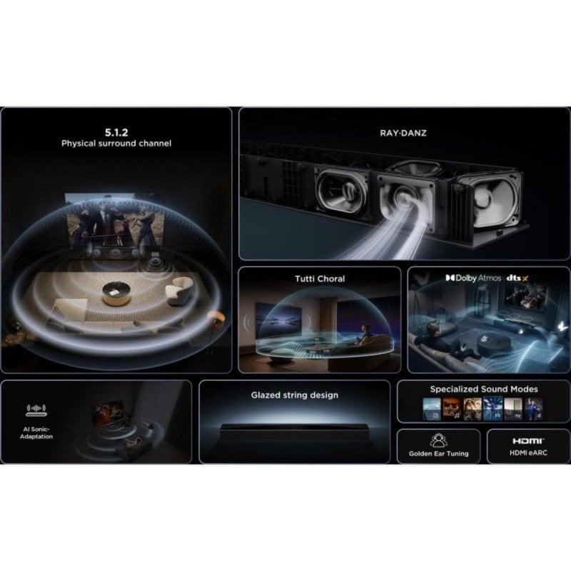 Comparer Les Prix : TCL Barre De Son Q75H 5.1.2 Ch Pour TV, 620 Watts, Home Cinéma, Surround Cinéma, Expansion Sonore, Dolby Atmos, DTS:X, HDMI EARC, Bluetooth 5.1, Une Télécommande, USB, Optique