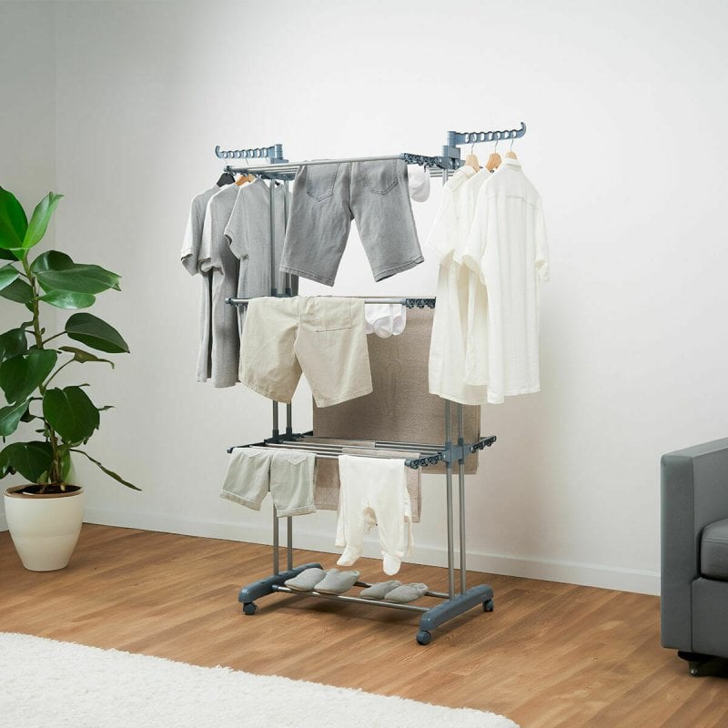 Innovagoods IG827809 Pack d'étendoir à linge vertical pliable avec roulettes et plieuse, bleu, 49-62 x 175 x 73 cm
