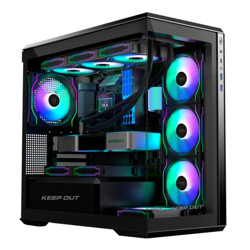 Nfortec Ursa Gaming-PC-Gehäuse – E-ATX Kompatibel, 4x ARGB Lüfter, 4mm Glas, USB-C, 420 Mm Kühlung, Schwarz