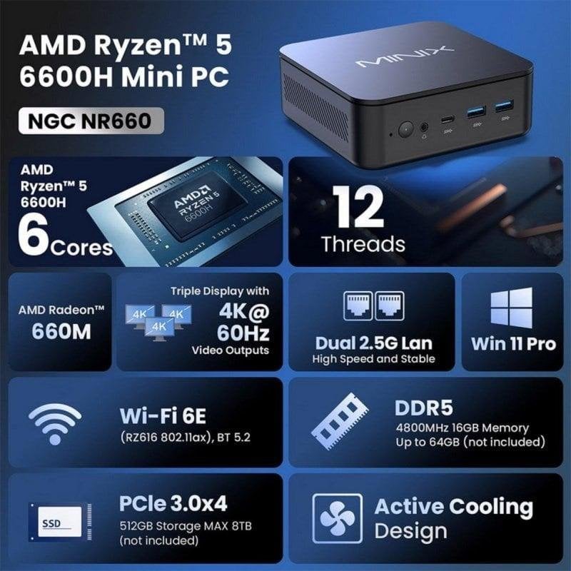 Mini PC MINIX NR660 MiniPC AMD Ryzen 5 6600H 16GB DDR5 512GB SSD